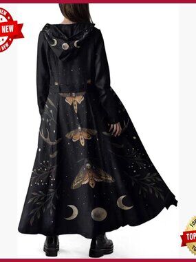 Womens Long Fleece Trench Coat Gothic Winter Hooded Peacoat